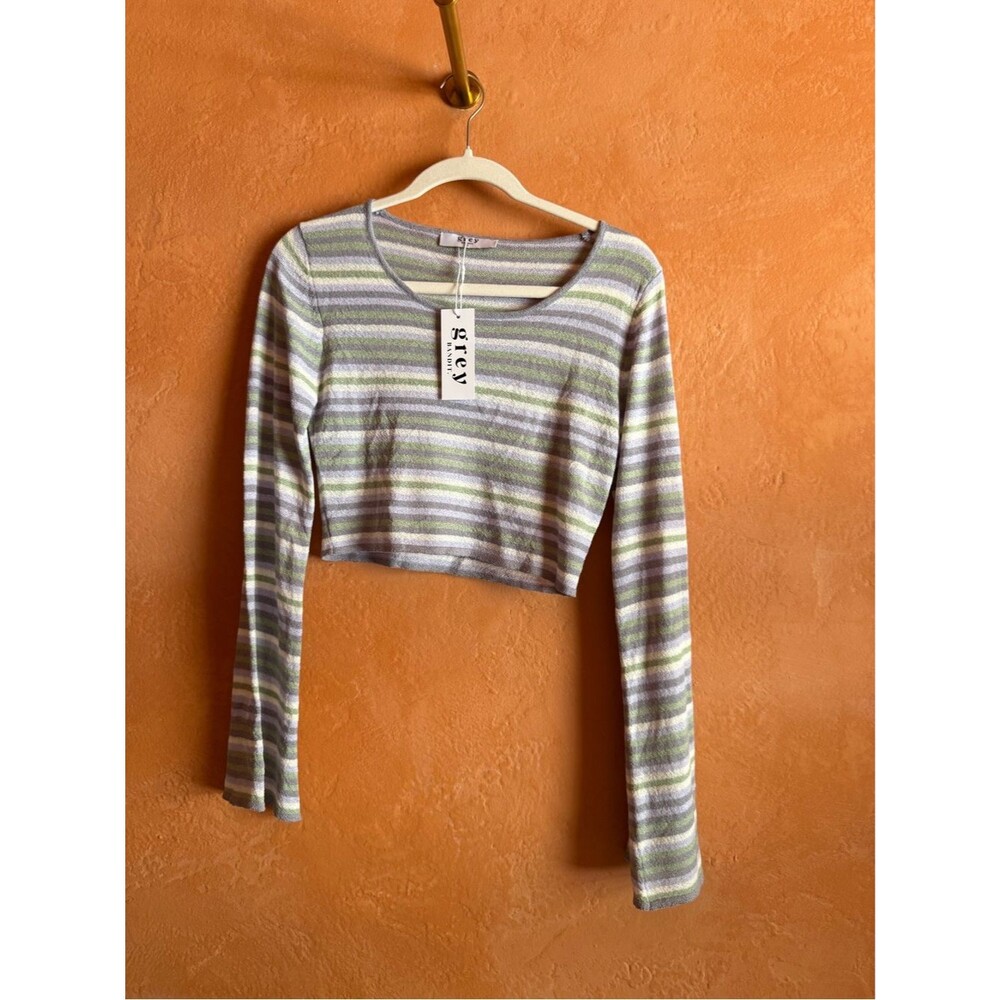 NWT Grey Bandit Striped Knit Crop Top Bell Sleeve Small